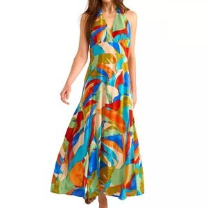 Vince Camuto Leaf Print T Back Empire Waist Sleeveless Dress Womens Size XS READ